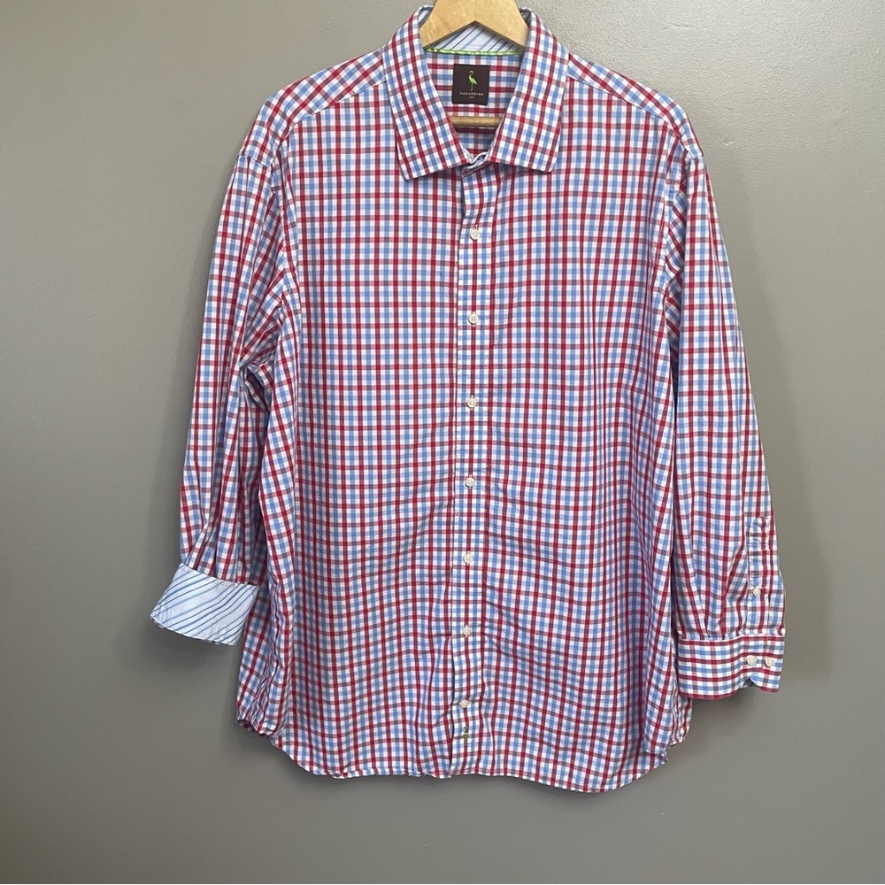 Tailorbyrd Mens Dress Shirt 2XL Flip Cuff Long Sleeve Red Blue Button Up